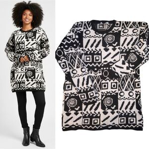 VTG 80s Italian Knit Black White Abstract Wool Blend Tunic Sweater Large